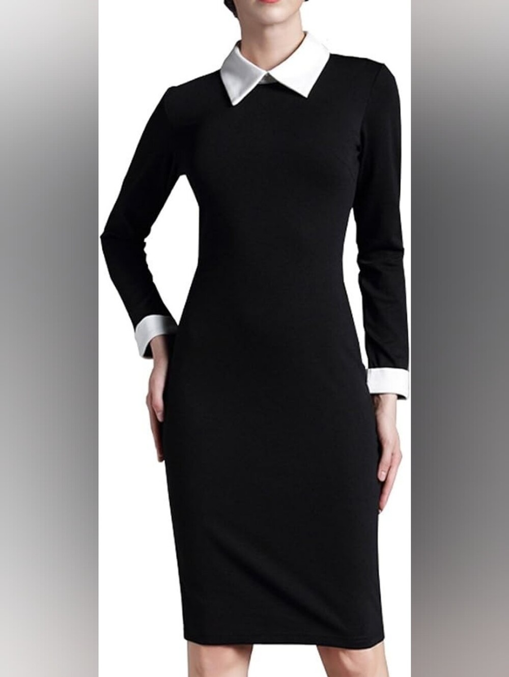 NWT Black Midi Dress with White Collar and Cuffs - Picture 6 of 9